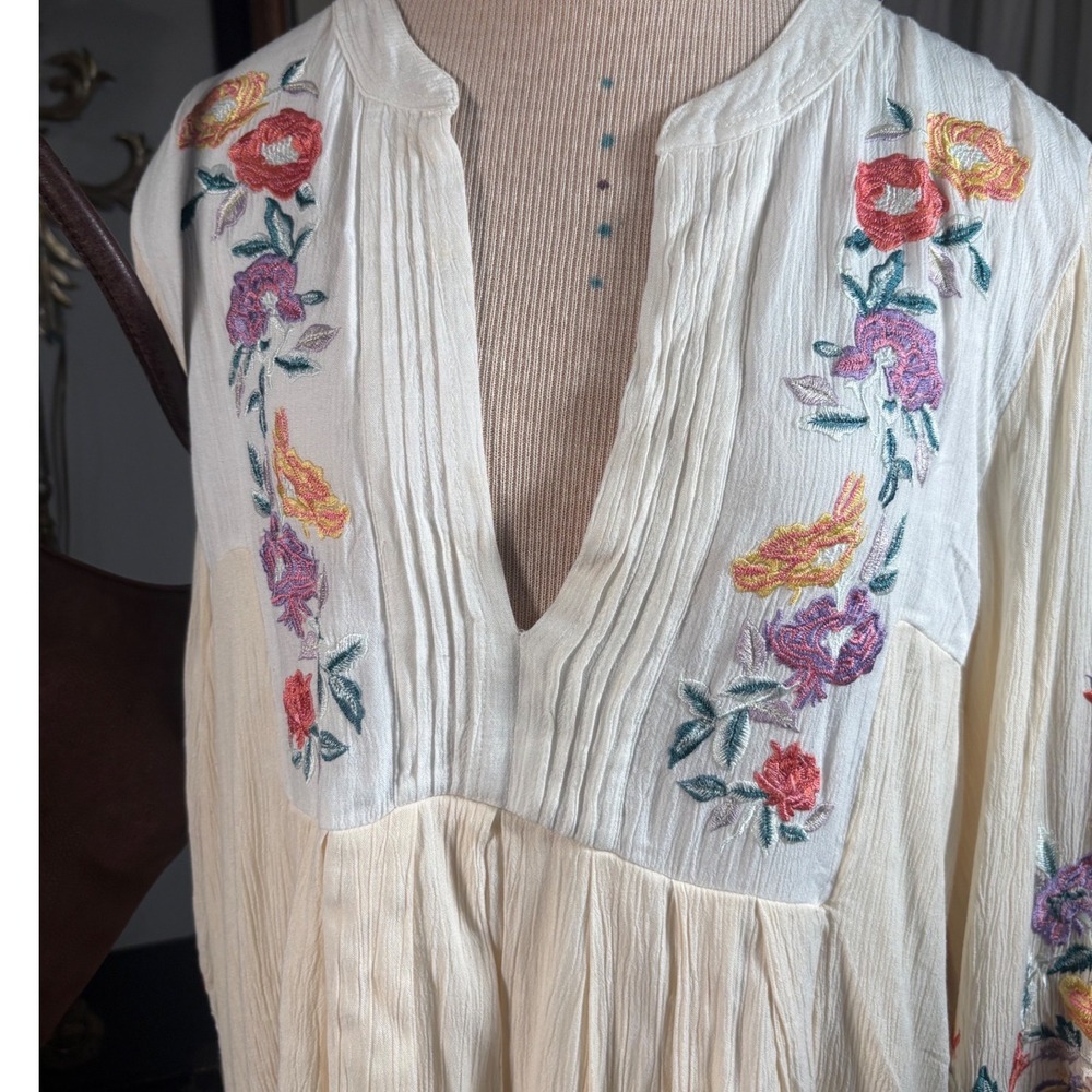 Free People Cream Embroidered Boho Tunic Dress Floral Babydoll Long Sleeve M - Picture 2 of 11